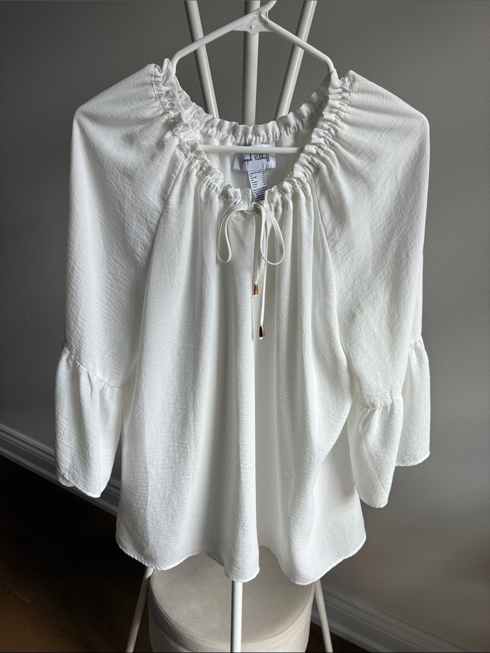 Joseph Ribkoff White Ruffle Tie-Neck Peasant Blouse